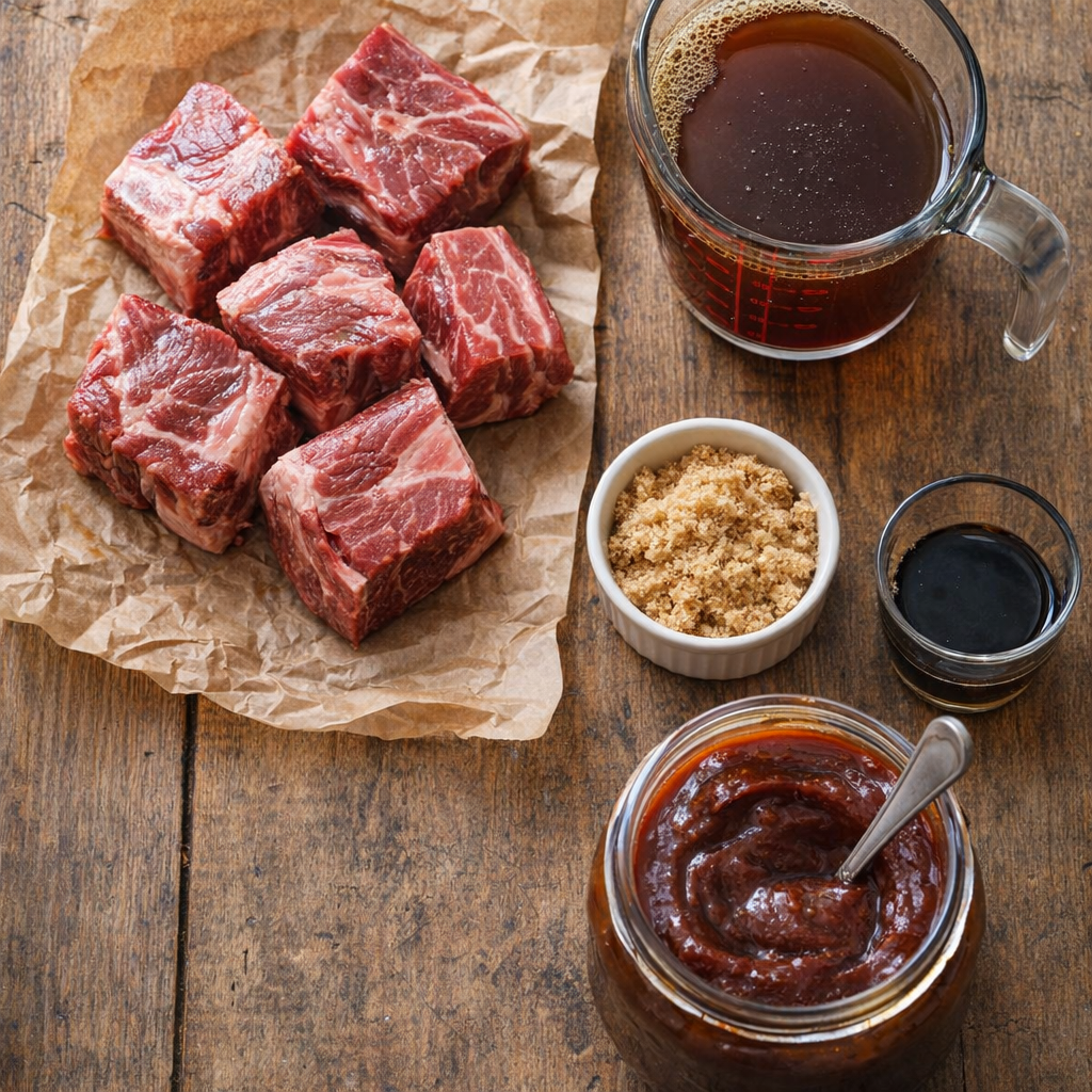 Five ingredients arranged for slow cooker beef