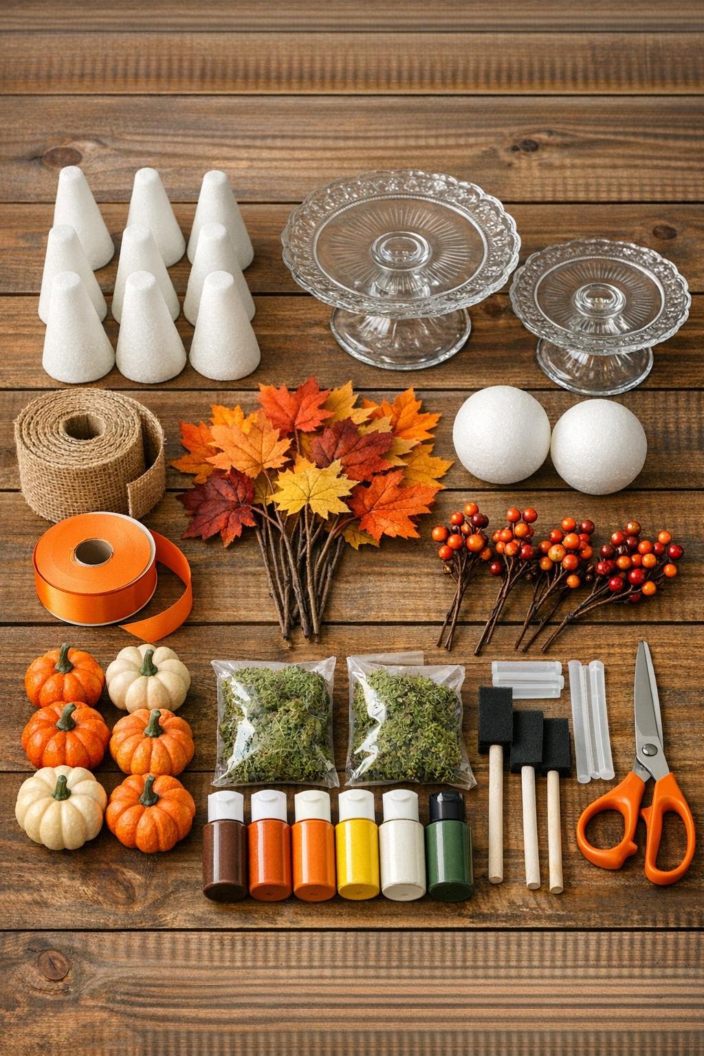 Materials for autumn cone topiary project laid out on a table