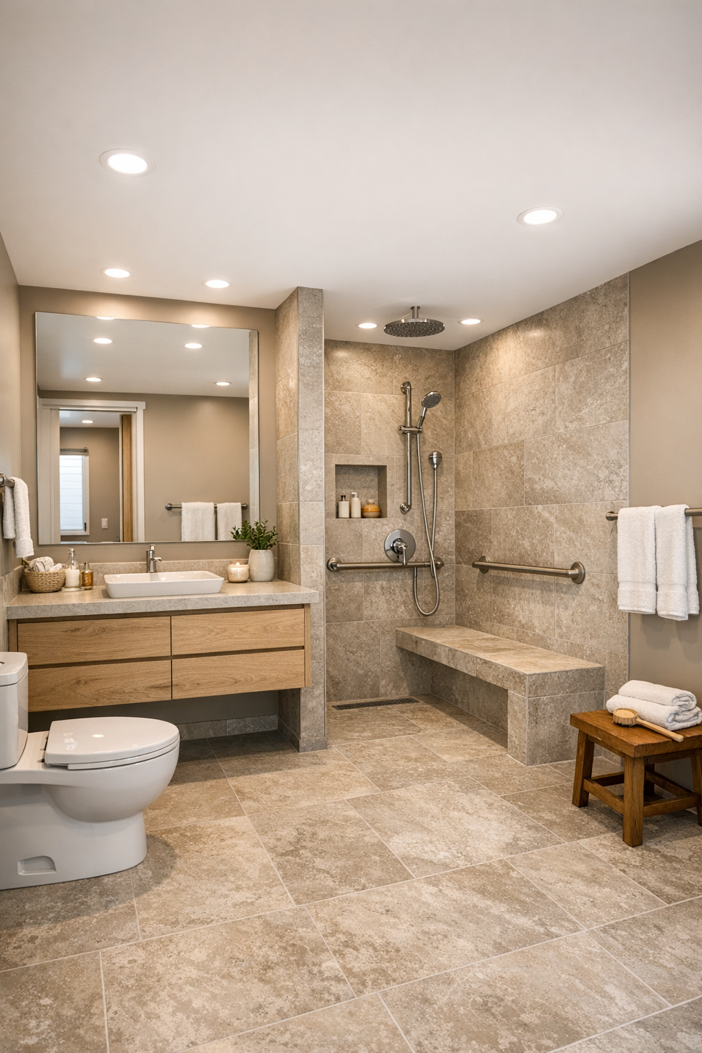 Spa-like accessible bathroom with curbless shower and pale oak vanity