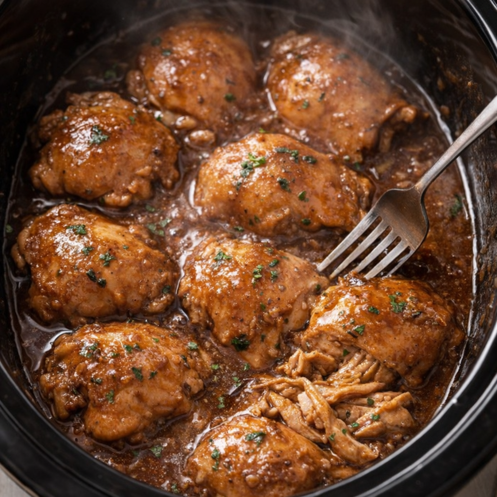 Cooked chicken thighs in slow cooker with thick gravy