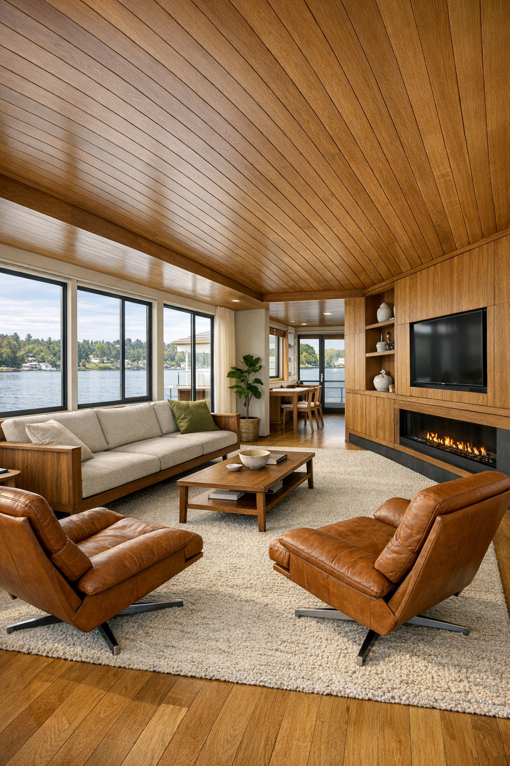 Mid-century modern houseboat living room with walnut furniture and wide water-view windows
