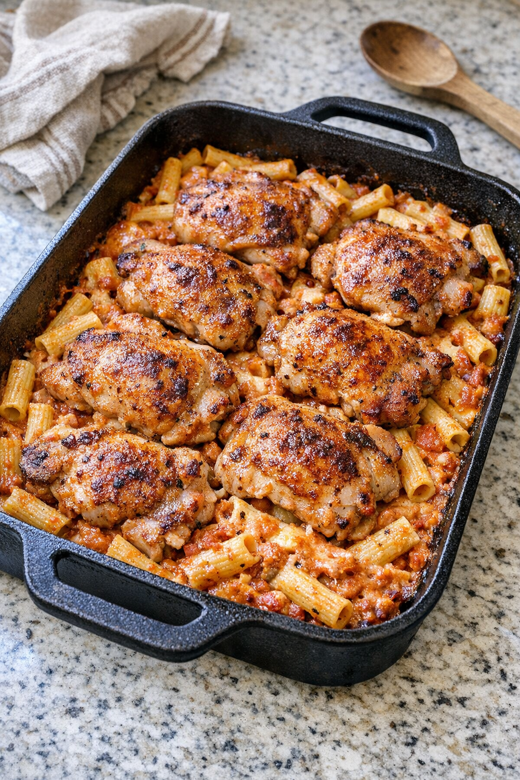 Finished chicken thigh pasta bake in a cast iron roasting pan