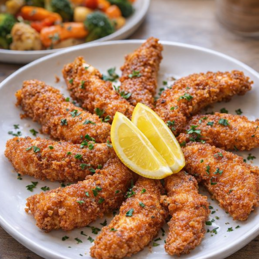 Crispy lemon herb chicken on a family dinner plate