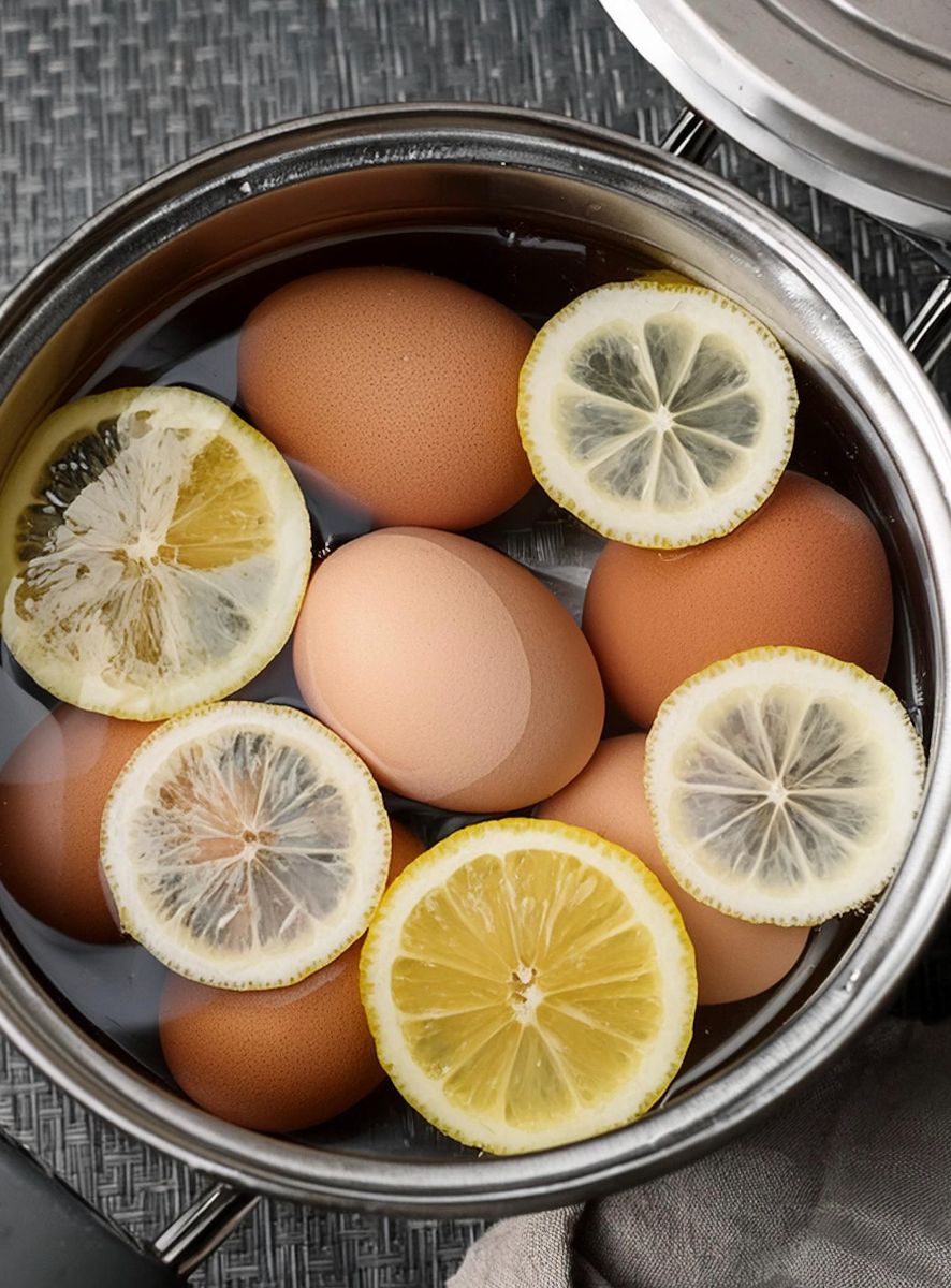 Curated visual reference: Boiling Eggs With Lemon Slices Reference: My Nana Swore By Adding Lemon Juice While Boiling Eggs