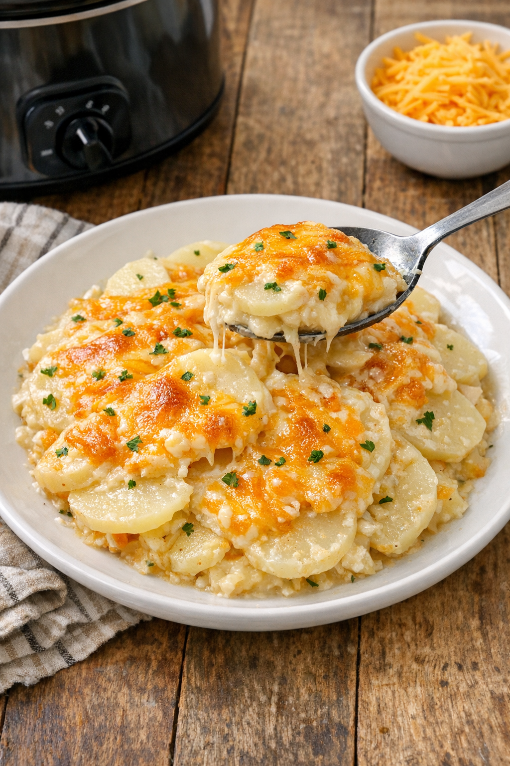Finished cheesy slow cooker potatoes