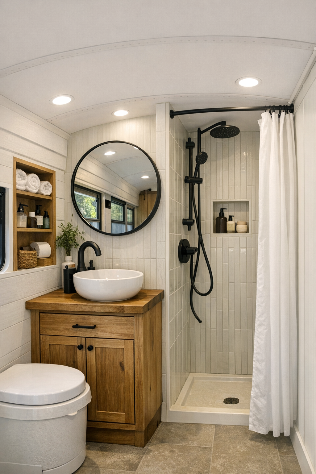 Small modern bathroom in a converted bus with a wood vanity and tiled shower