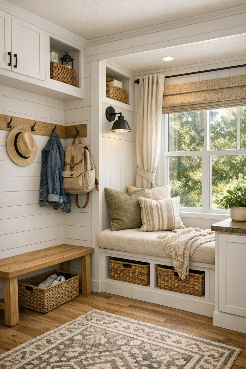 Smart multi-use nook with built-in storage, a reading corner, and farmhouse details