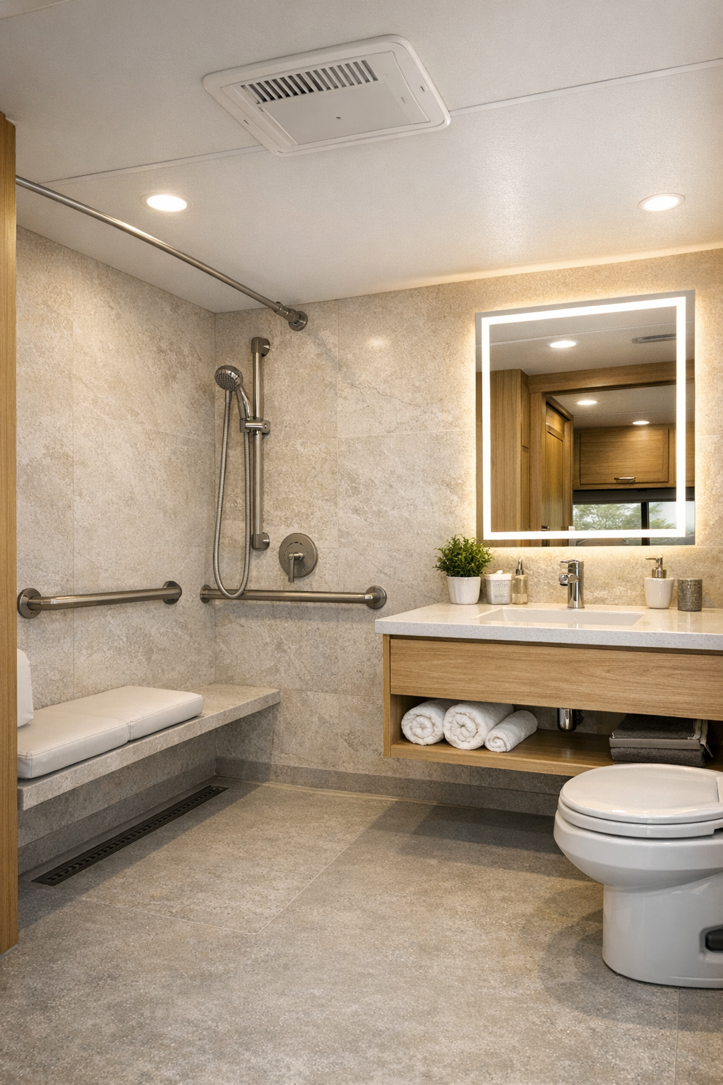 Accessible RV camper bathroom with curbless shower and pale stone finishes