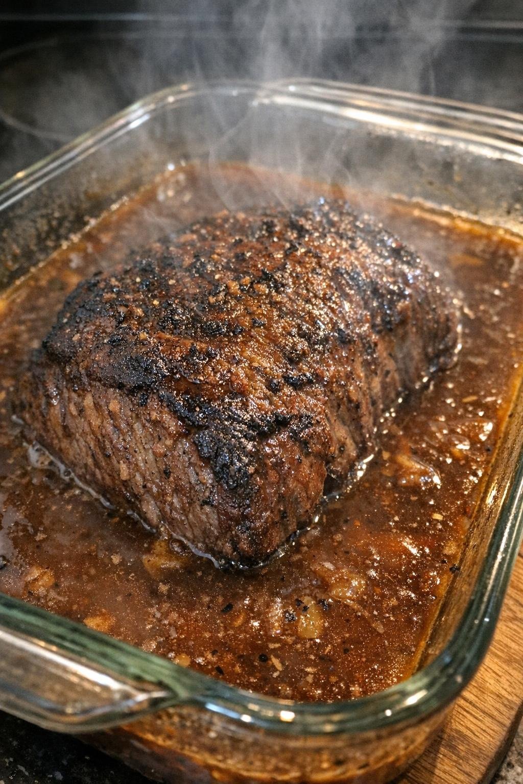 Roasted beef in mahogany gravy in a glass baking dish