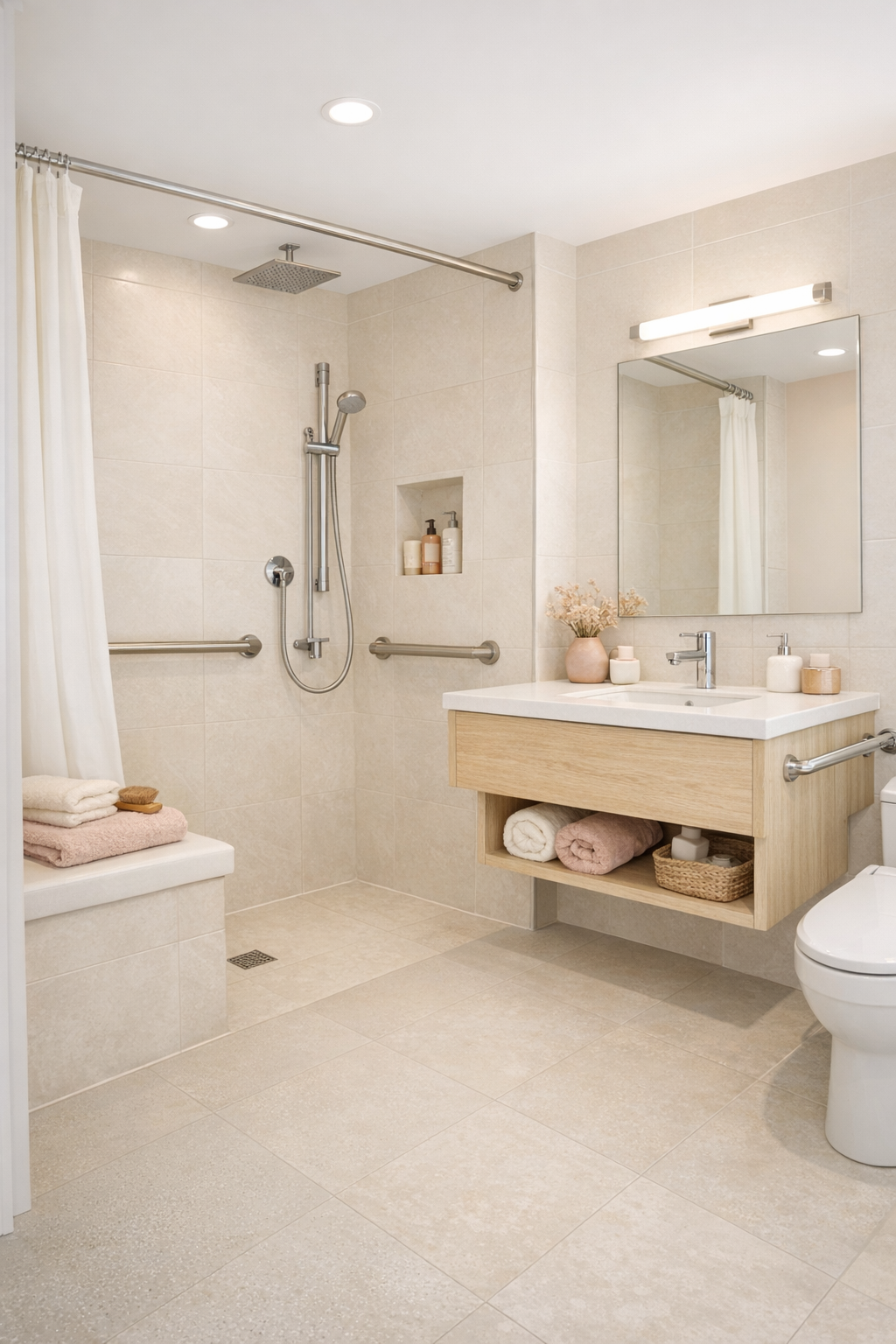 Accessible tiny home bathroom with curbless shower, pale tile, and floating wood vanity