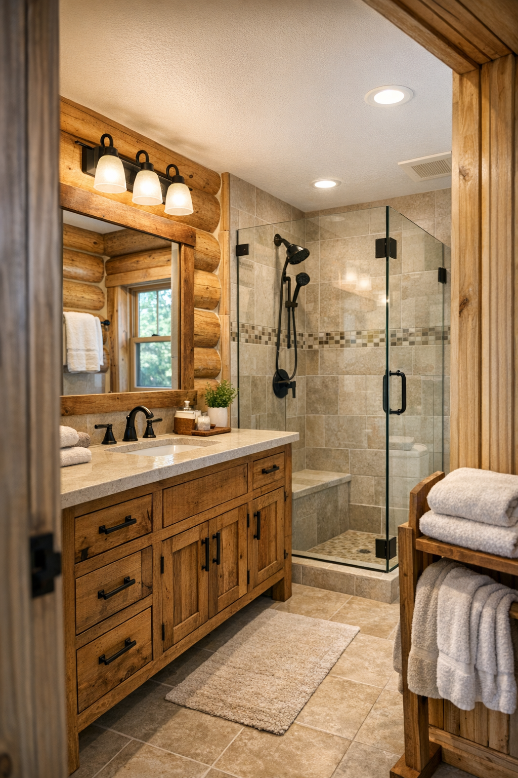 Bright rustic bathroom with wood vanity, neutral tile, and refined cabin details
