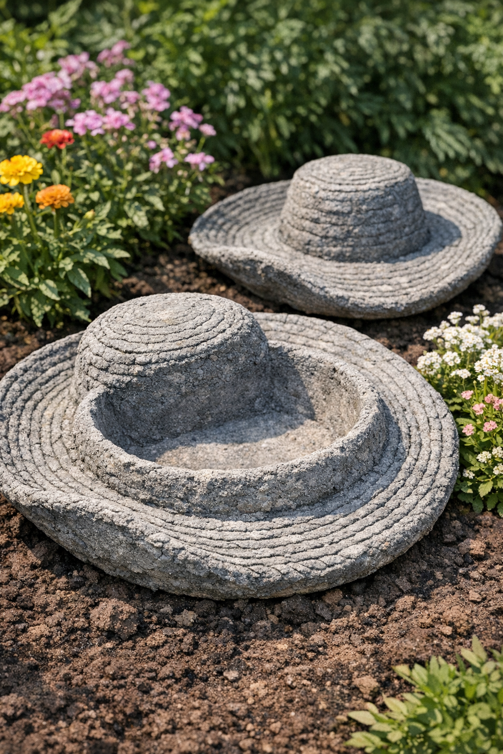 Finished pair of cement garden basins made from straw hats