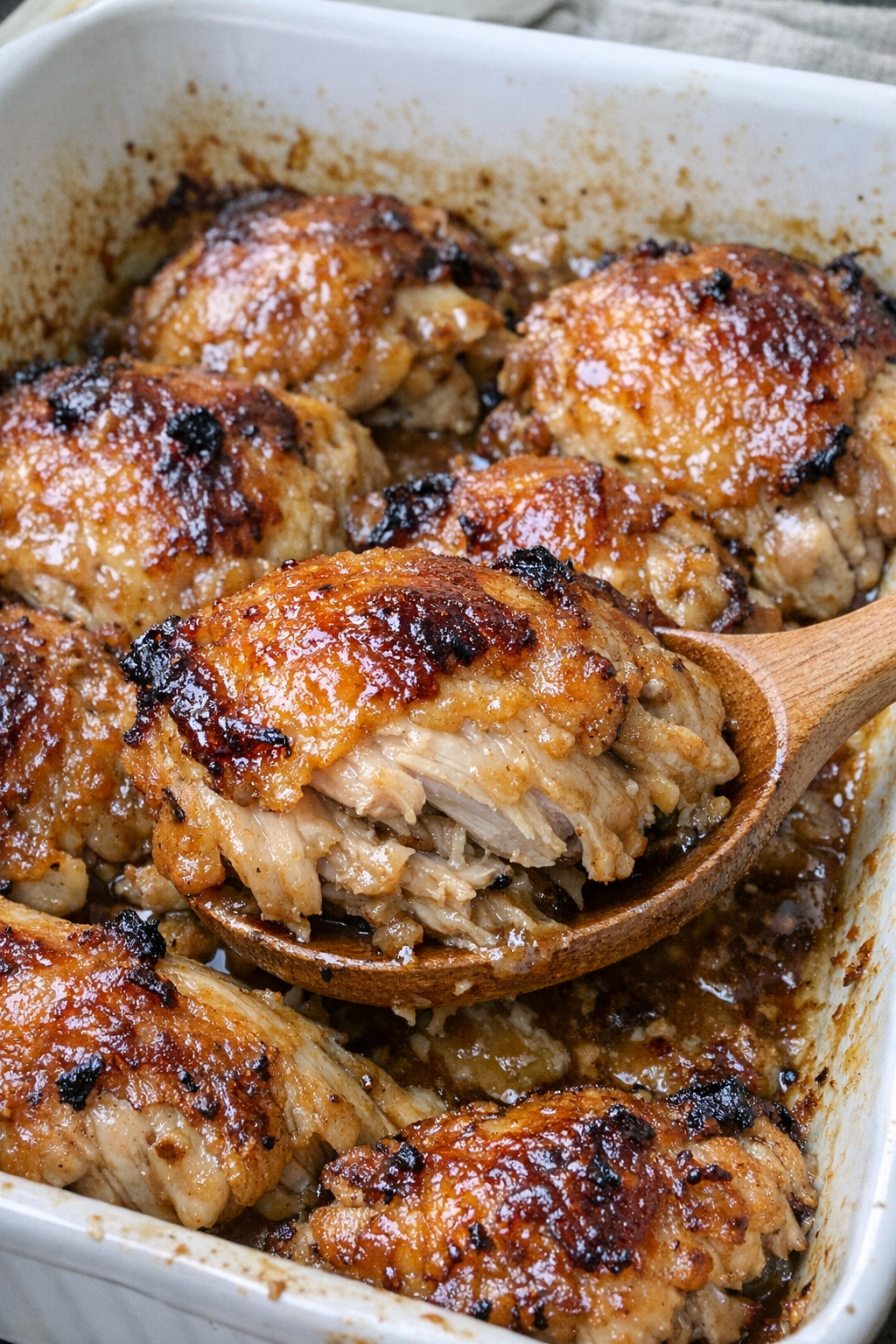 Golden brown chicken in a white casserole dish
