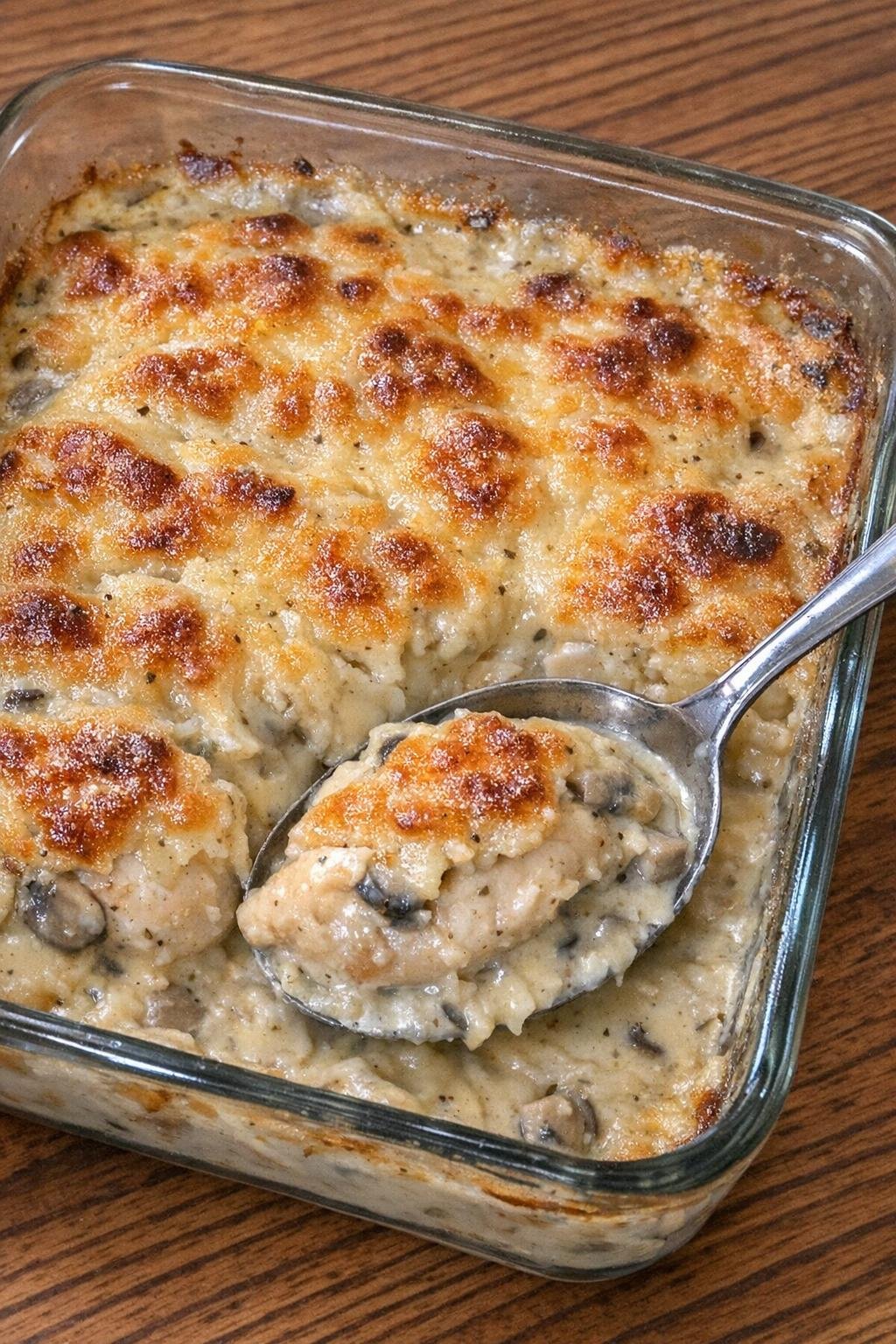 Chicken breast pieces in creamy mushroom sauce with a golden bubbling top in a rectangular baking dish