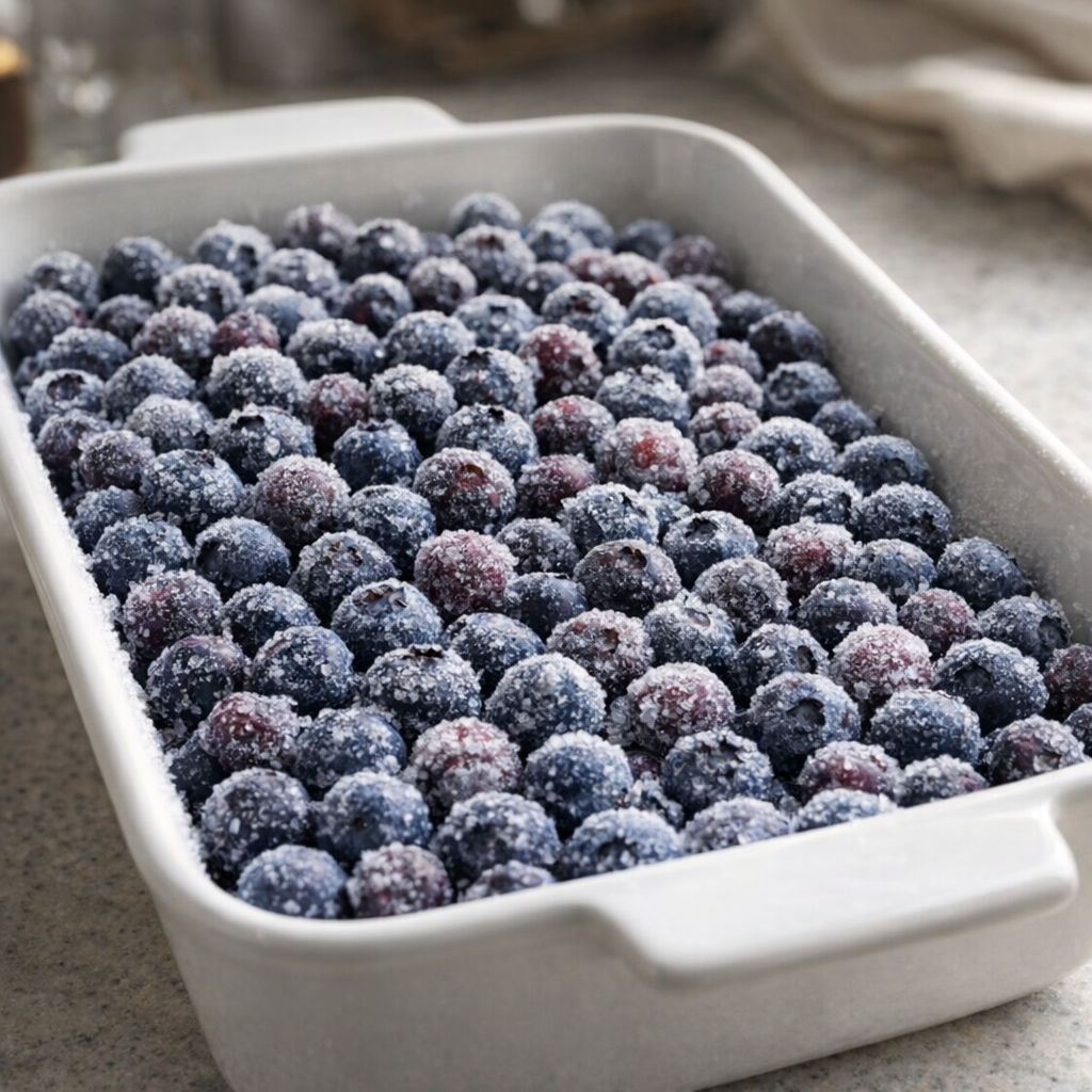 Frozen blueberries in a white casserole dish