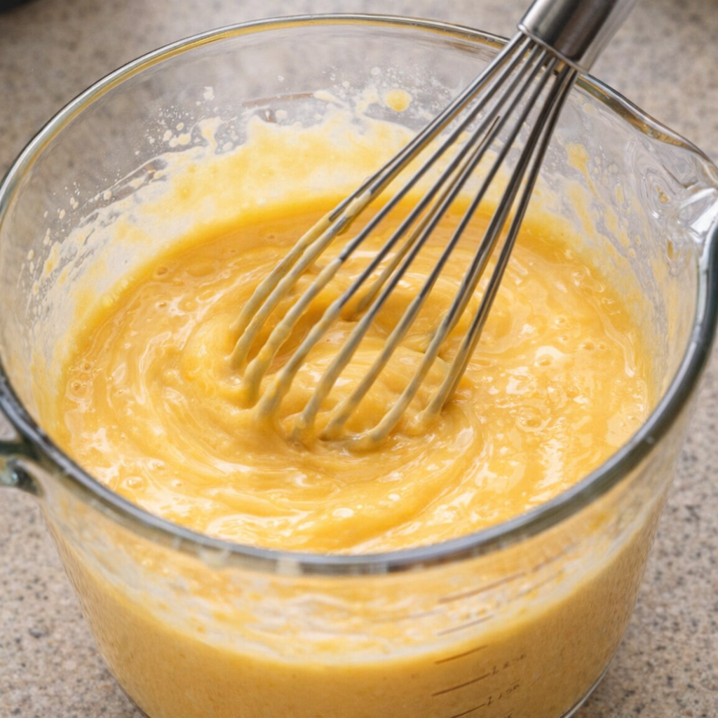 Cheddar soup and milk being whisked together
