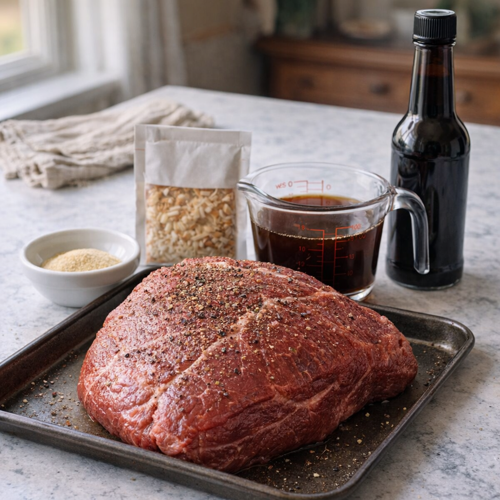 Five simple roast ingredients arranged on a kitchen counter