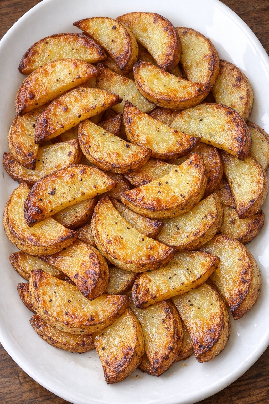 Golden crispy crescent-shaped potato slices on a white platter