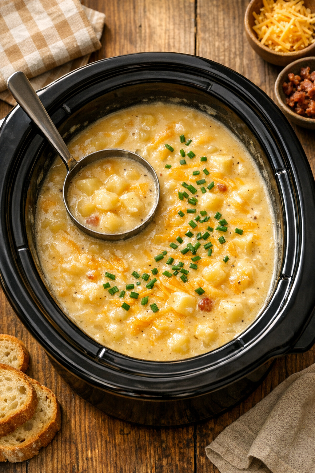 Finished velvety golden potato soup in a black slow cooker