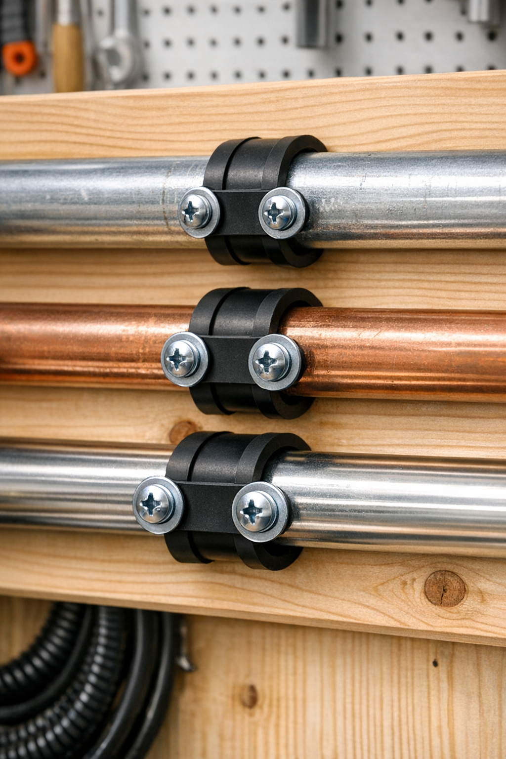 Finished DIY pipe clamps made from vacuum belts mounted on a board