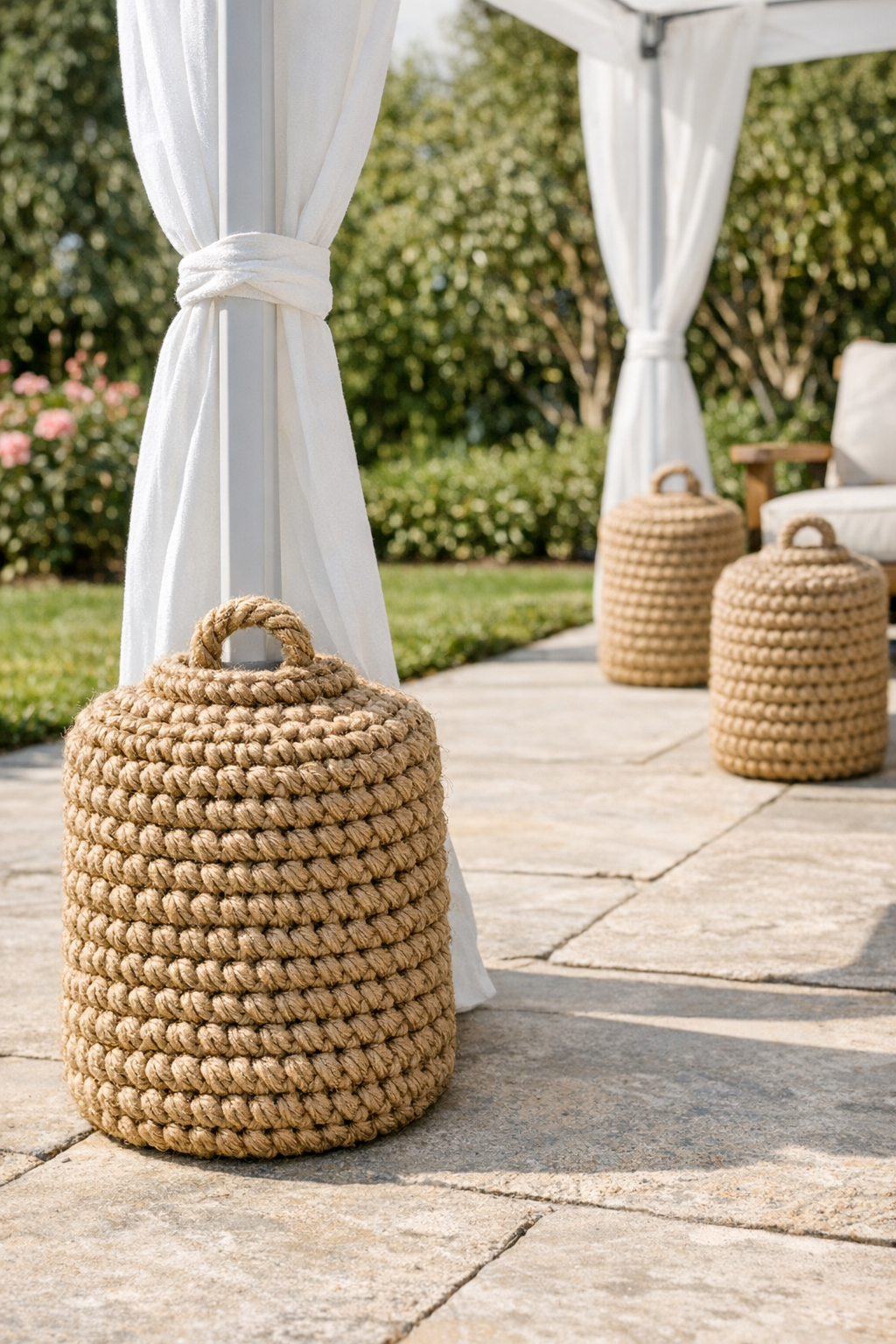 Finished jute-covered canopy weights beside an outdoor summer canopy