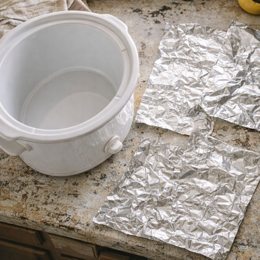 Slow cooker and prepared foil sheets on a kitchen counter