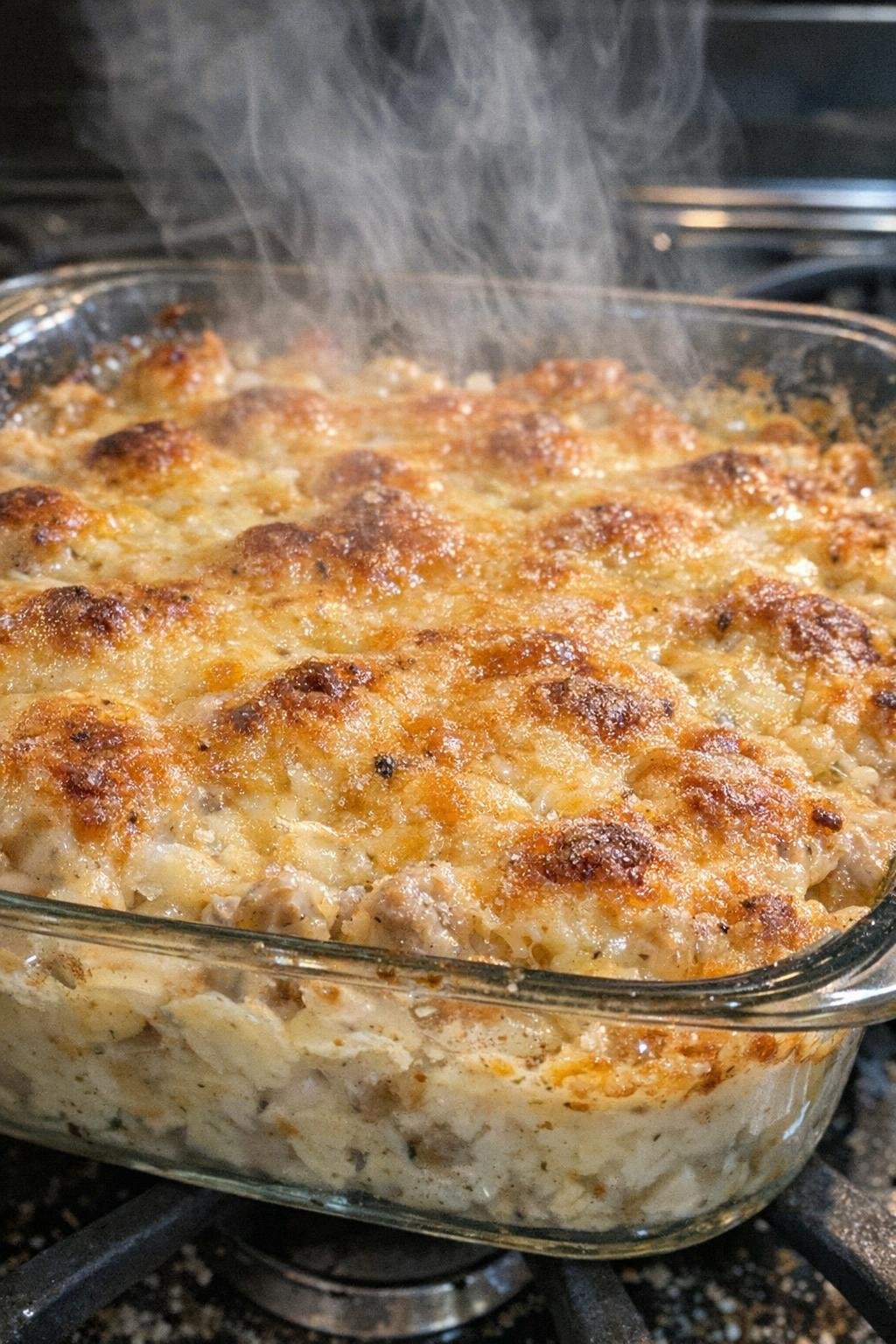 Bubbling casserole with golden crust in a glass dish