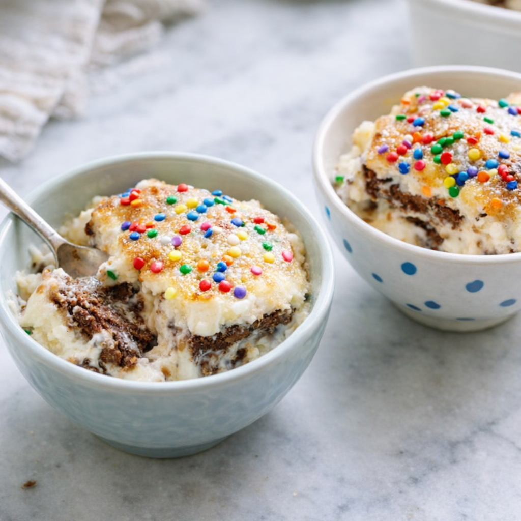 Kid-friendly version topped with sprinkles in serving bowls