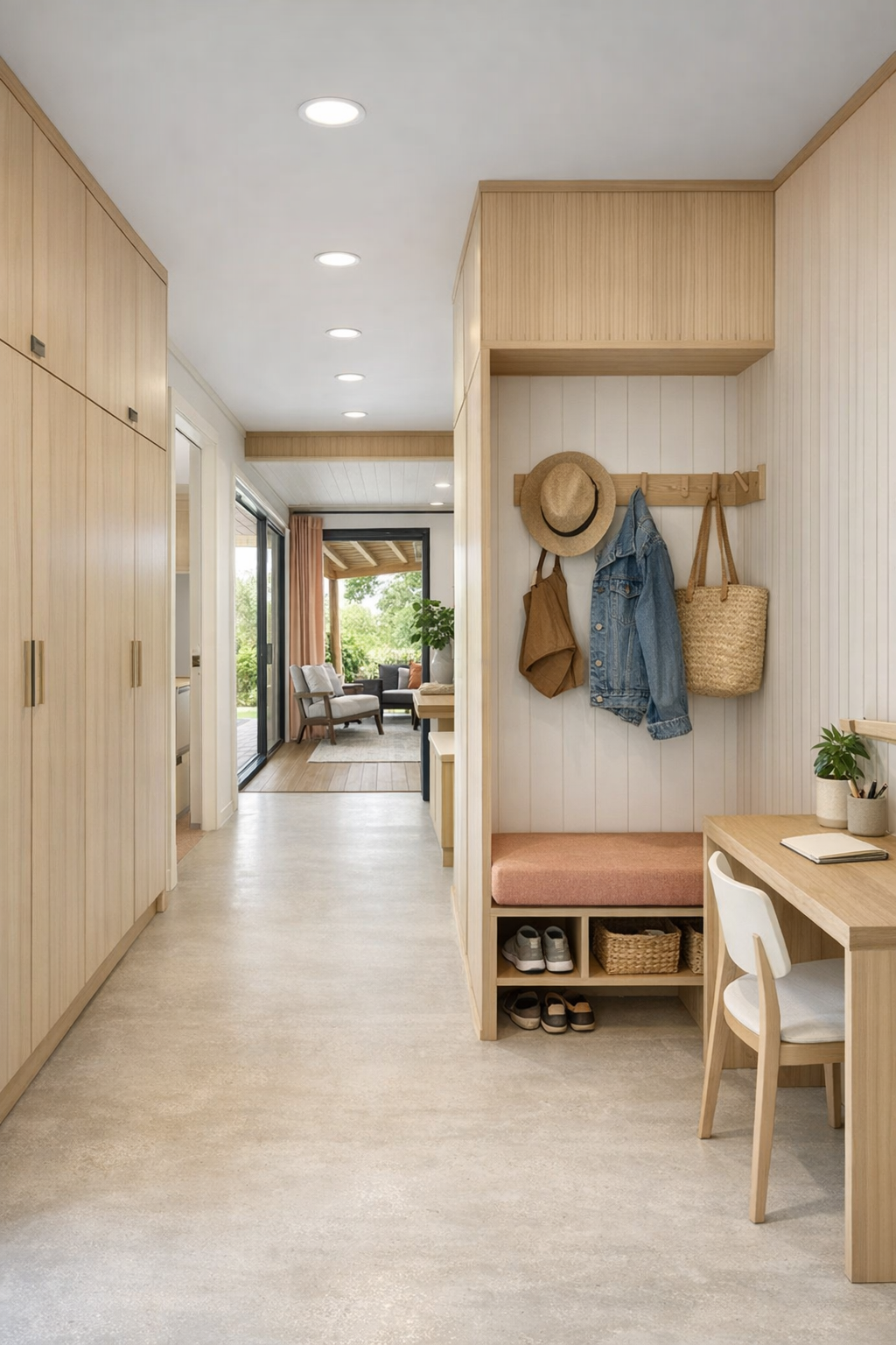 Entry and flexible secondary space with built-ins and covered patio connection
