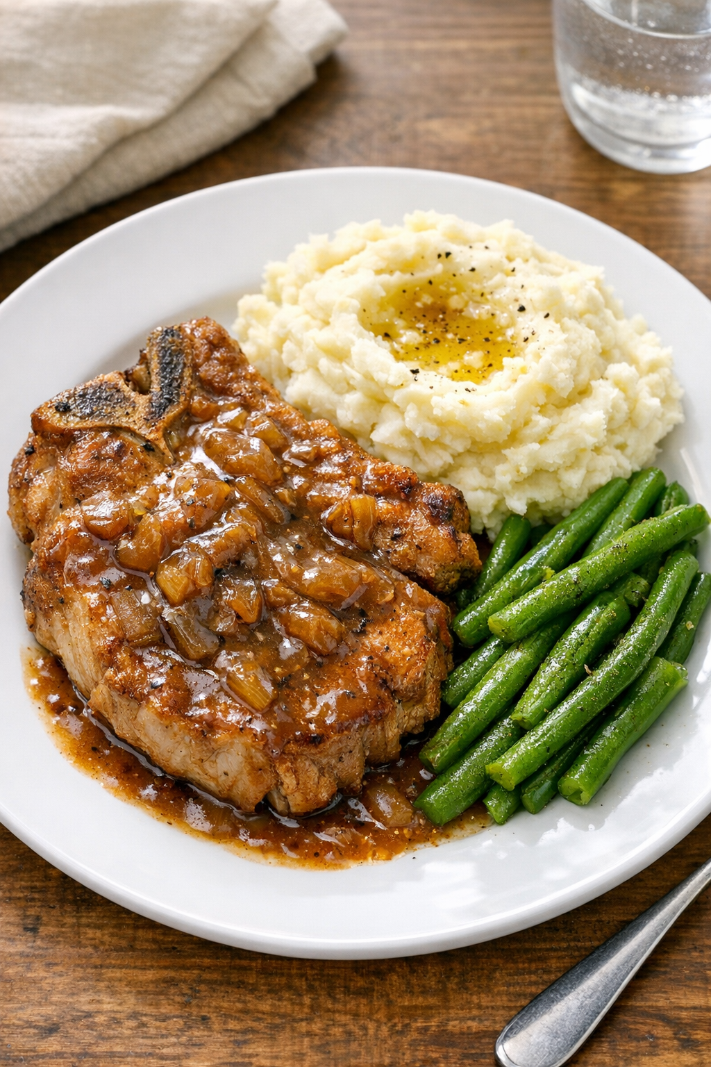 Finished slow cooker bone-in pork chops plated with sauce