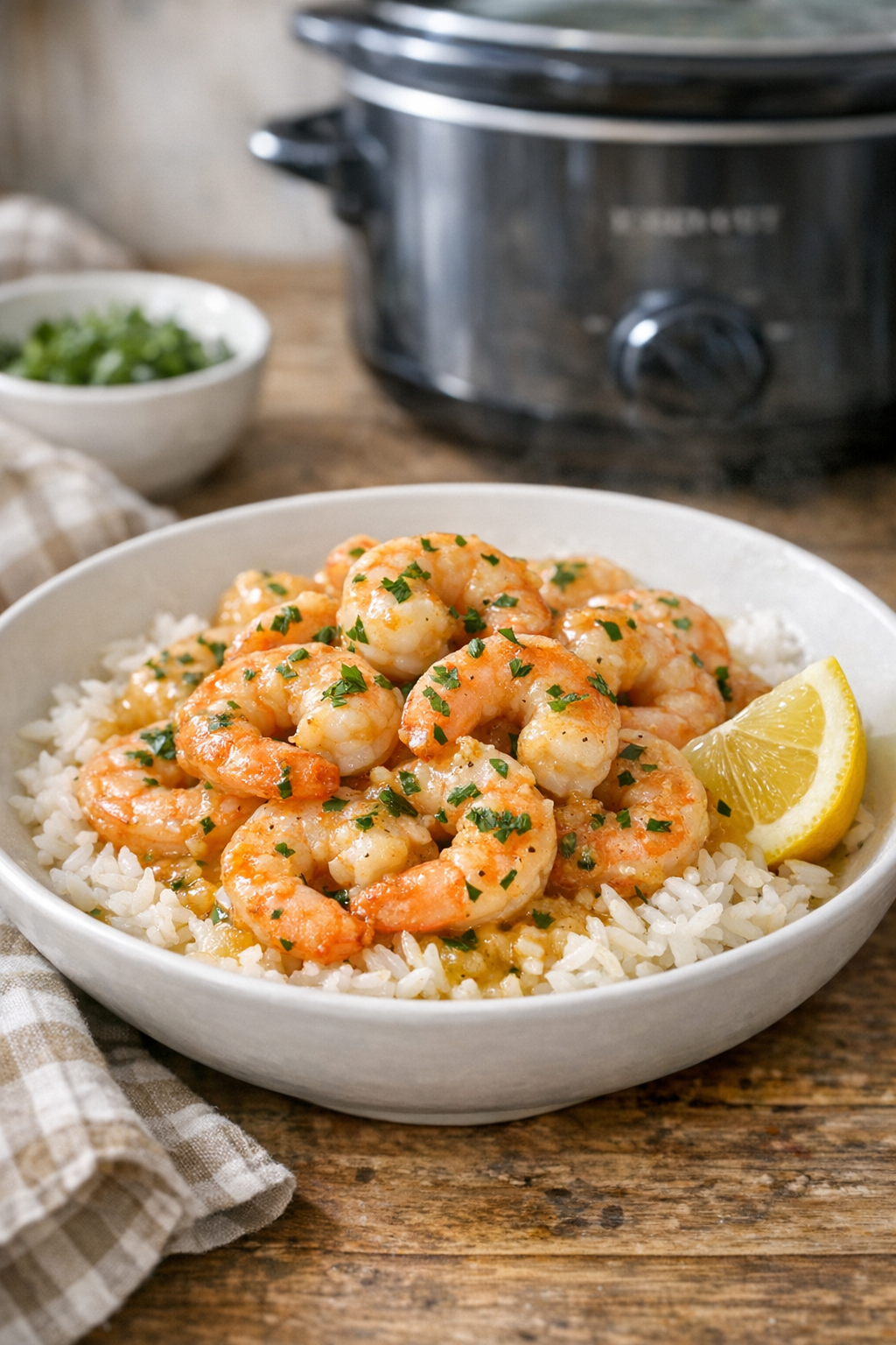 Finished slow cooker shrimp plated for dinner