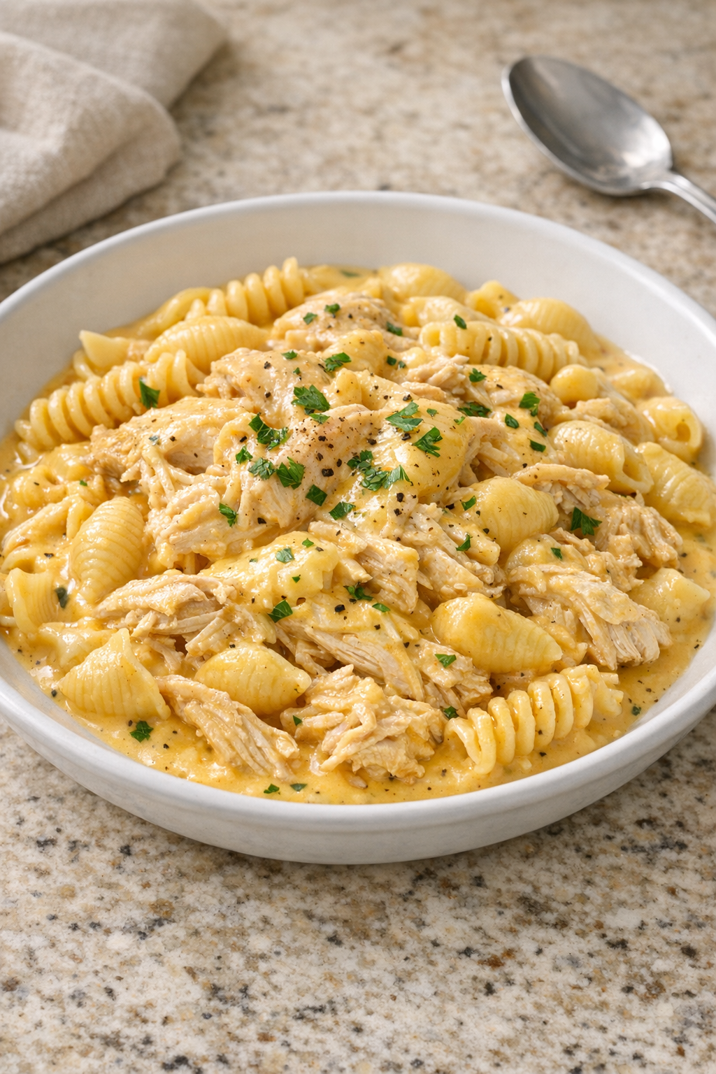 Creamy Velveeta chicken pasta plated in a shallow bowl