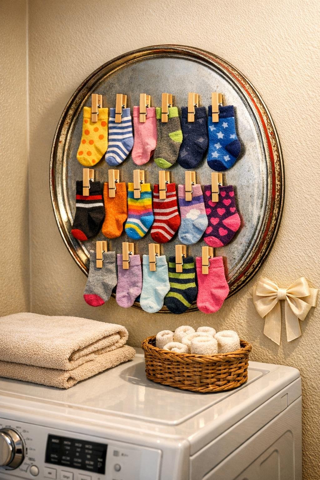 Finished magnetic sock matcher mounted in a laundry room