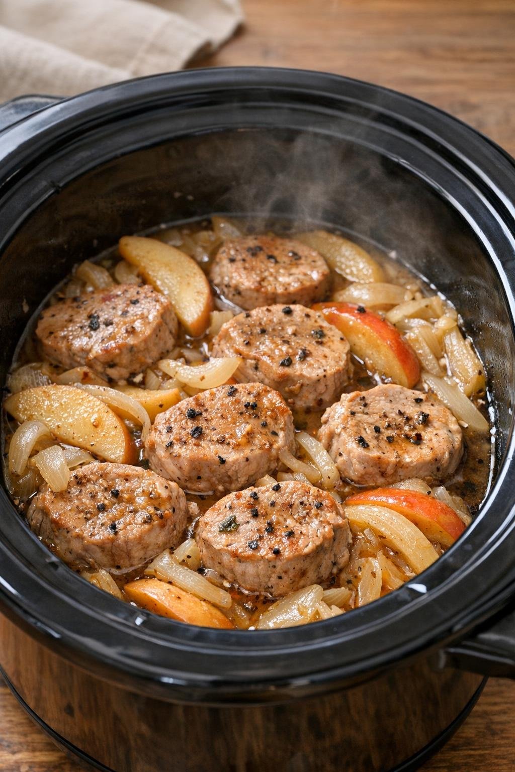 Gegaarde varkensmedaillons met appels en uien uit de slowcooker