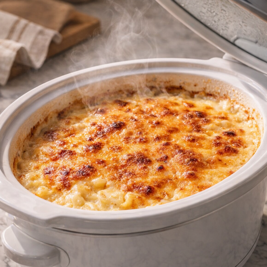Finished potato bake with melted cheese in the slow cooker