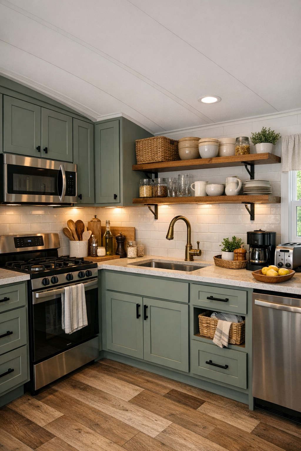 Bright cottage kitchen with shaker cabinets and warm countertops