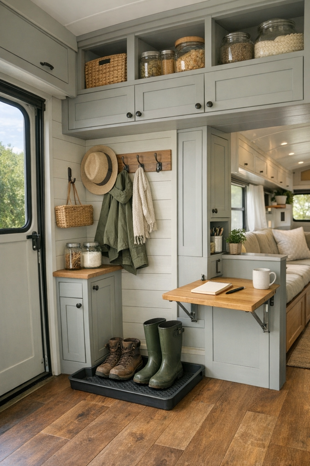 Smart bus entry and utility nook with built-in storage, hooks, and a fold-down desk