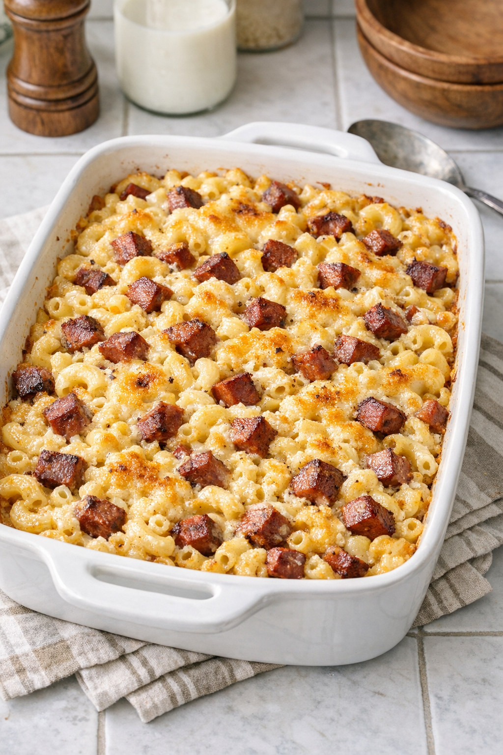 Finished baked summer sausage macaroni in a ceramic baking dish