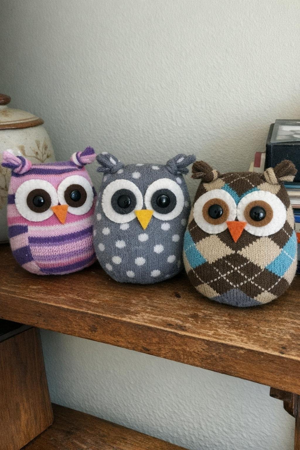 Handmade sock owl plushies with felt eyes and tied ears