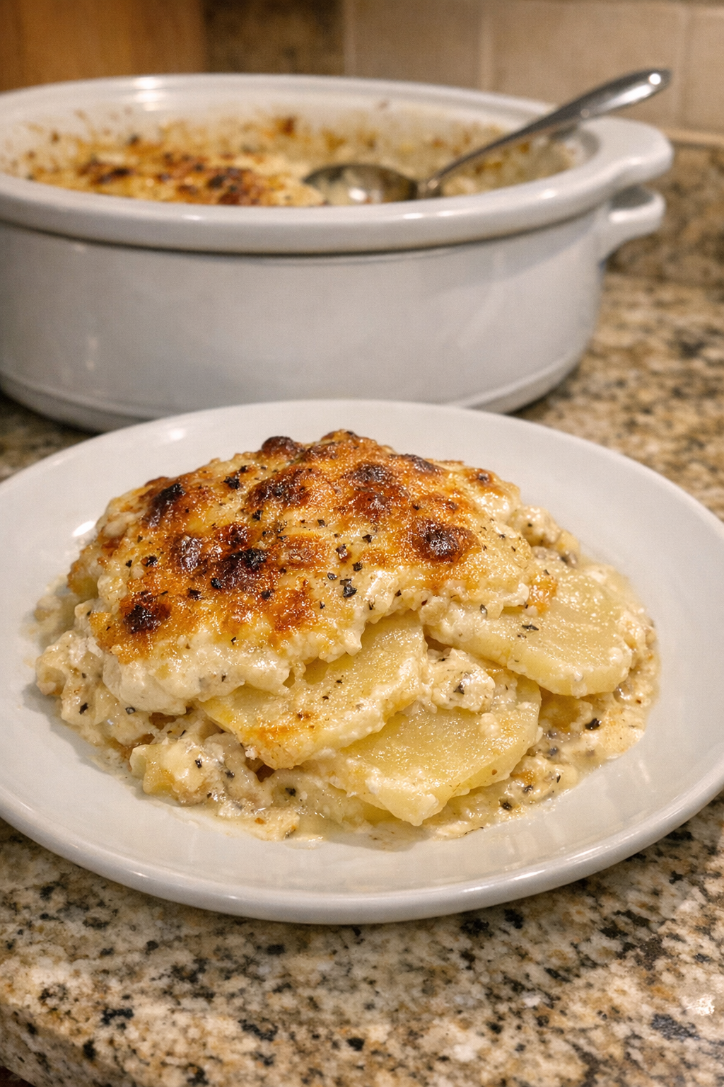 Finished plated potato gratin