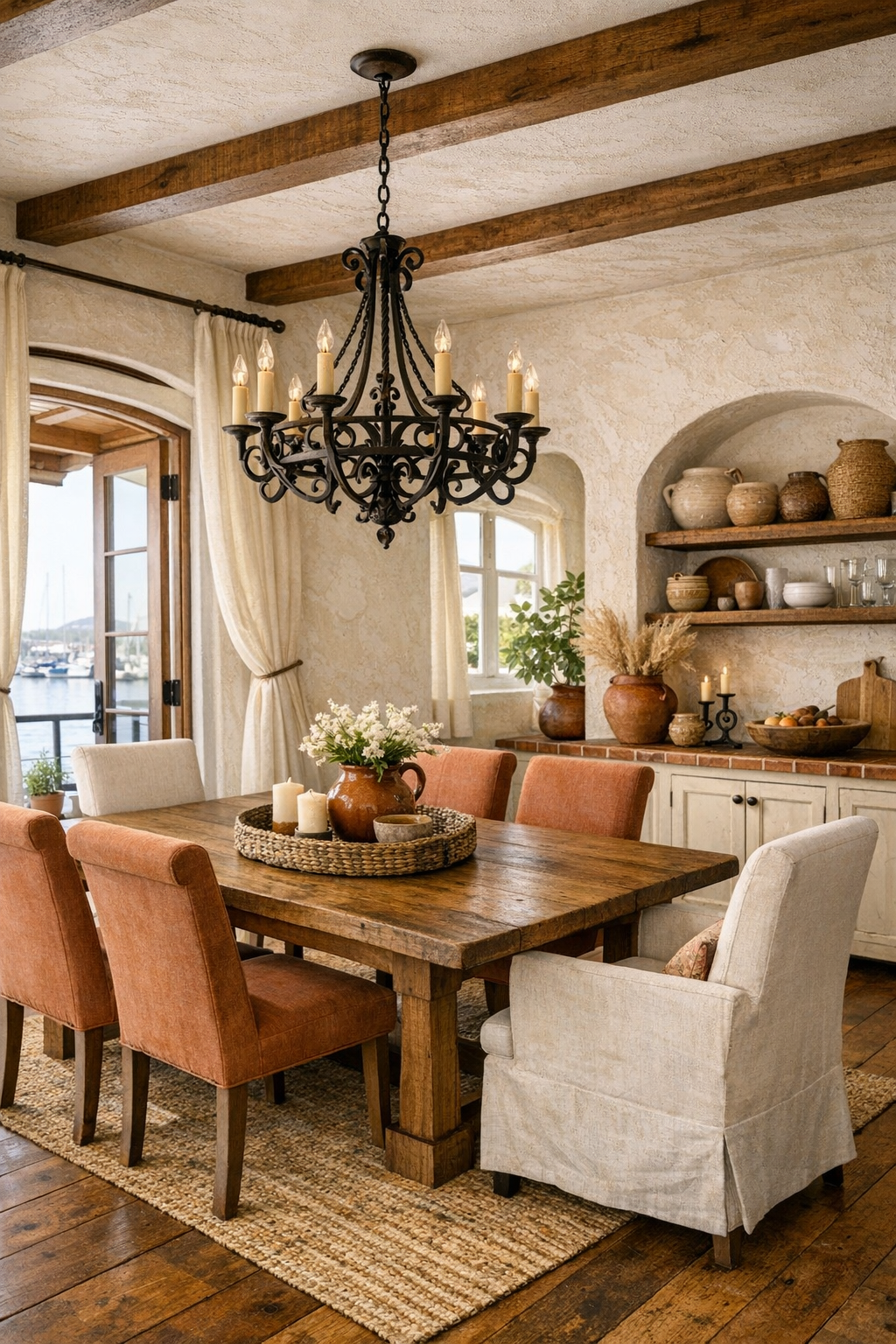 Warm dining room with a wood table, upholstered chairs, and wrought-iron chandelier