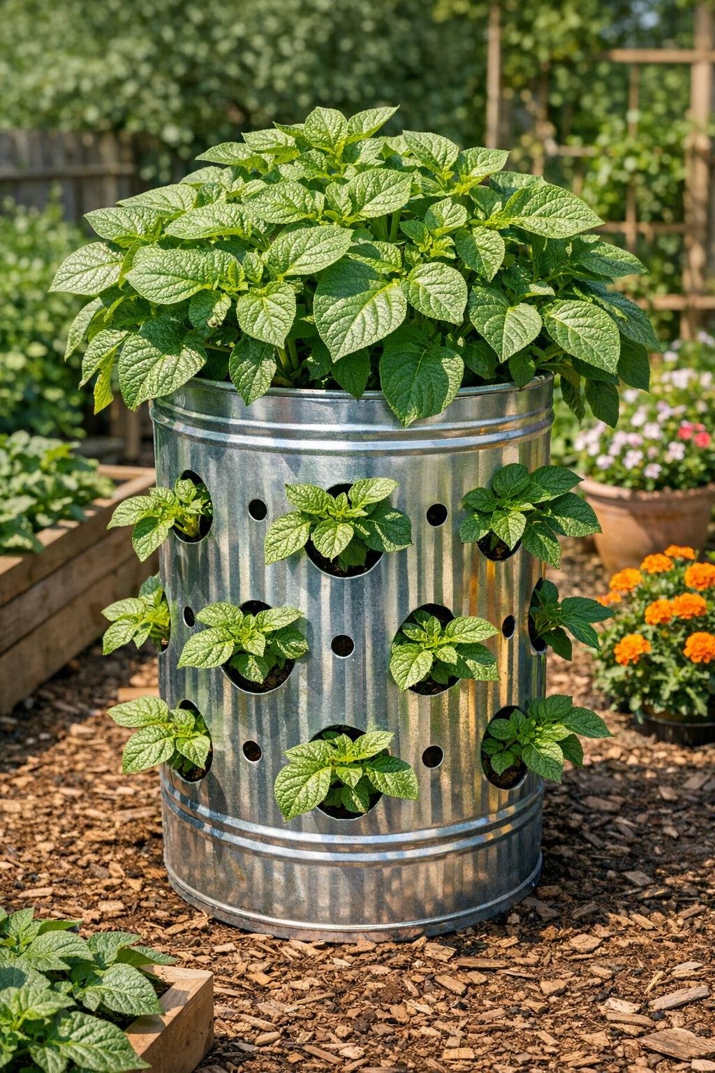 Finished galvanized trash can vertical potato growing tower in a sunny backyard