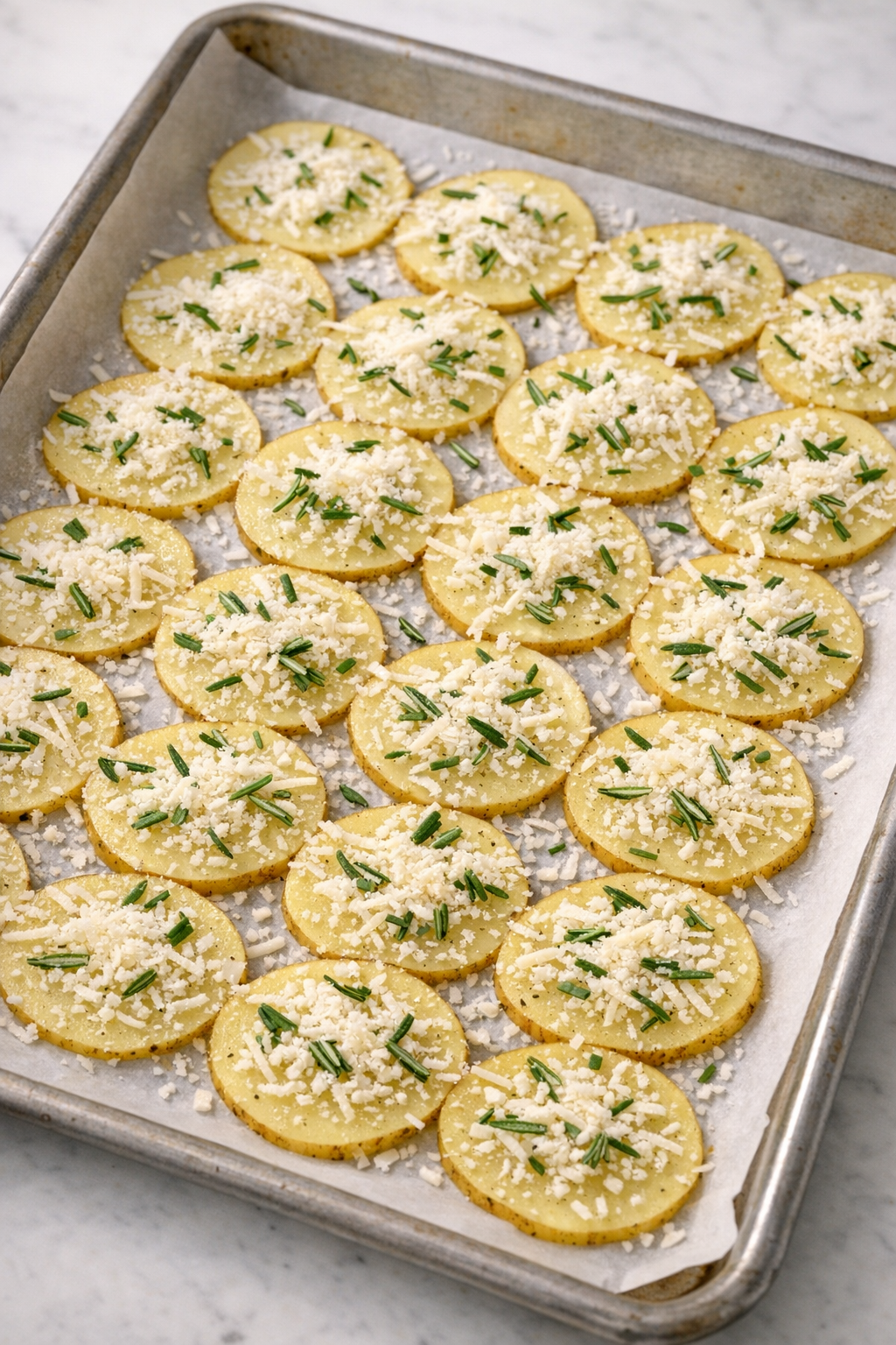 Parmesan rosemary potato slices arranged in a single layer on a baking sheet ready for the oven