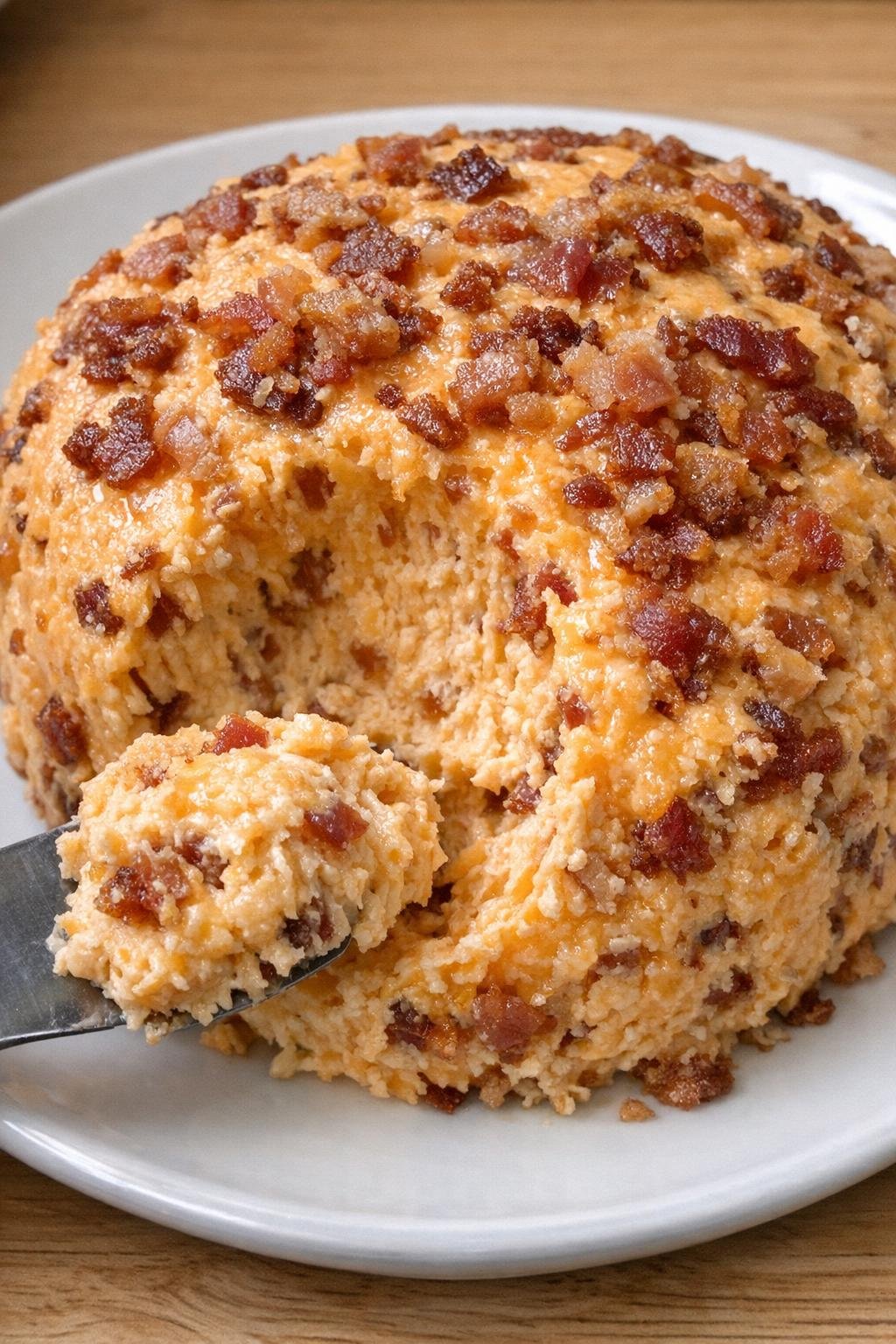 Thick chilled cheddar spread with bacon on a white plate