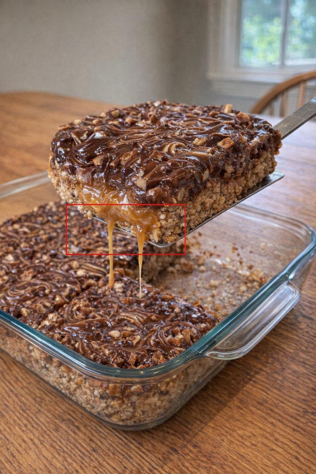 Butterscotch pecan pretzel bar being lifted from a glass dish
