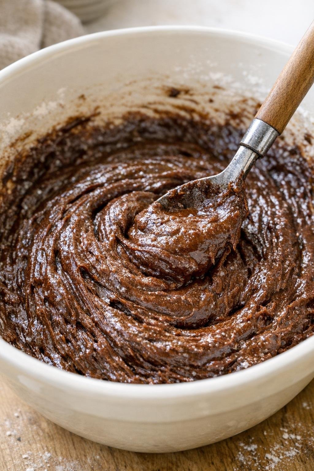 Dik chocoladebeslag wordt in een kom gemengd.