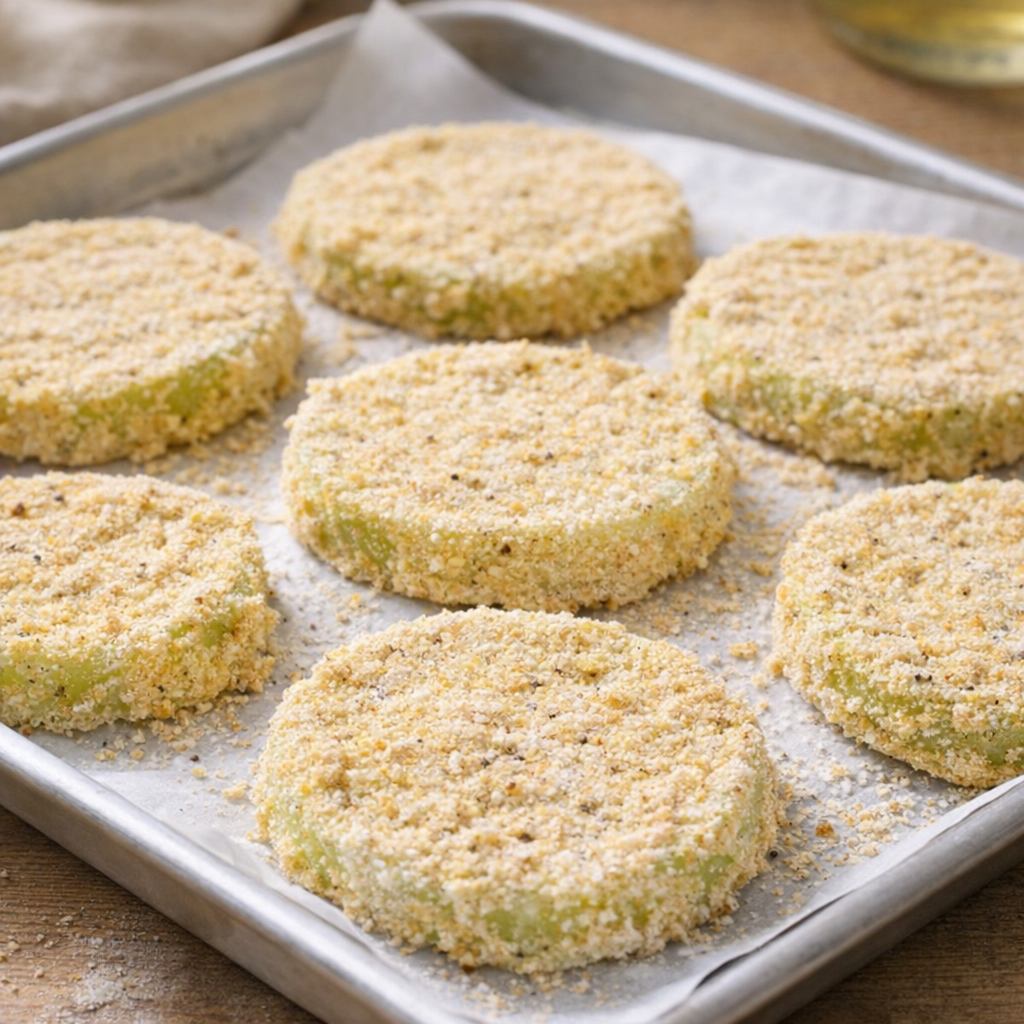 Cornmeal-coated green tomato slices ready to fry
