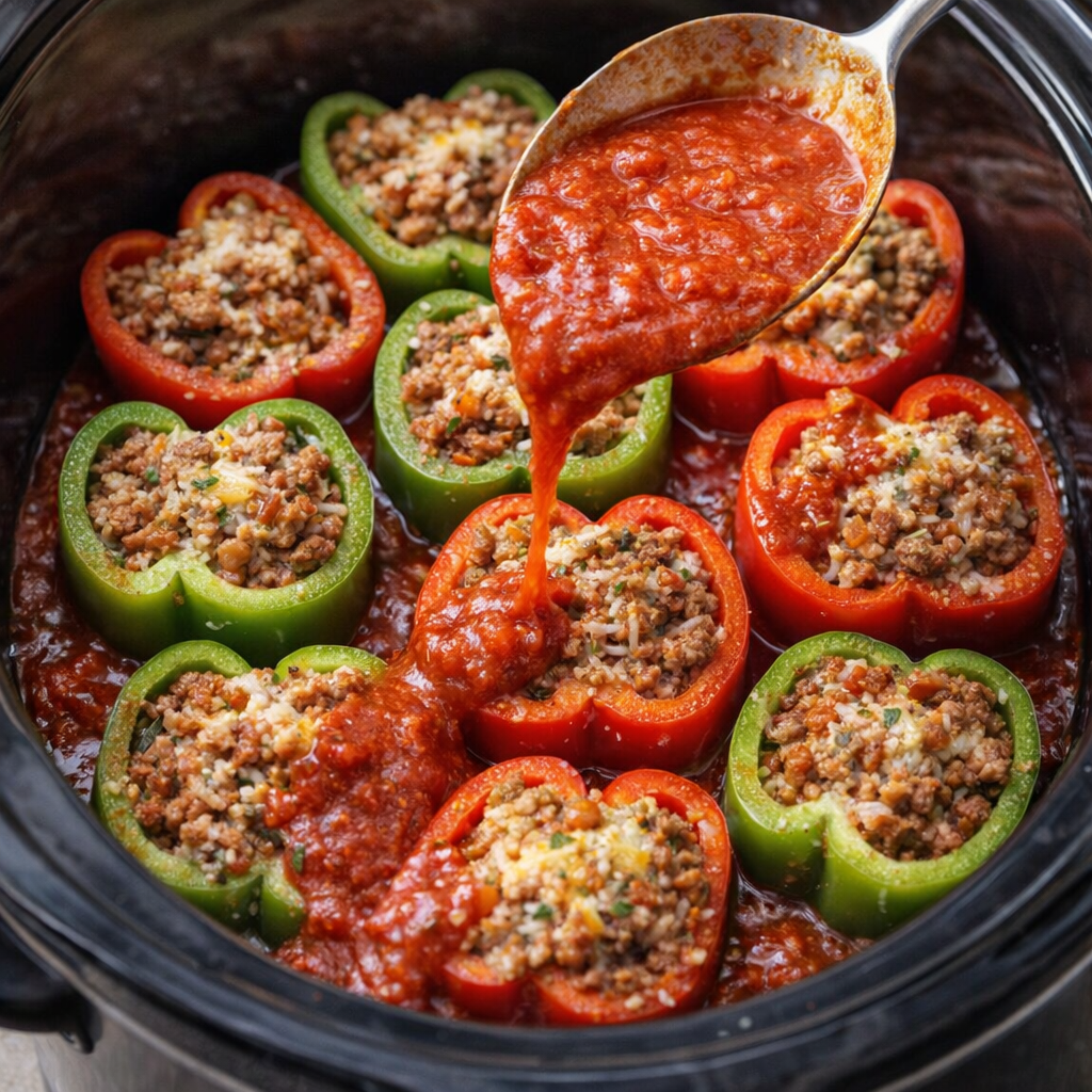 Stuffed peppers in slow cooker with marinara added