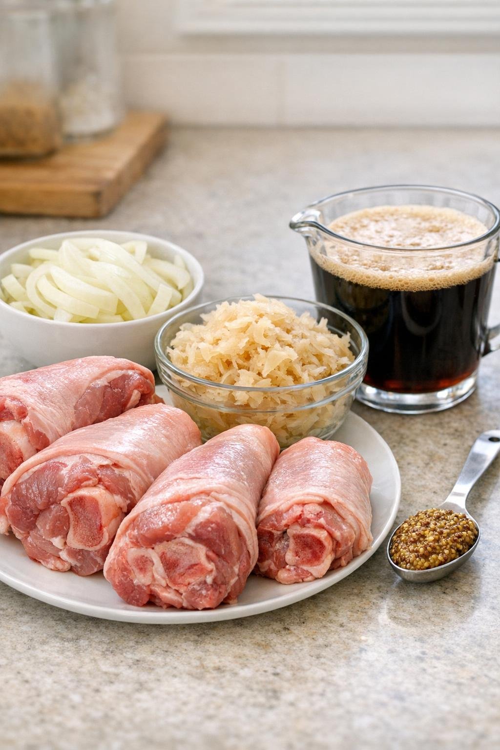 Pork shanks with onion, sauerkraut, beer, and mustard