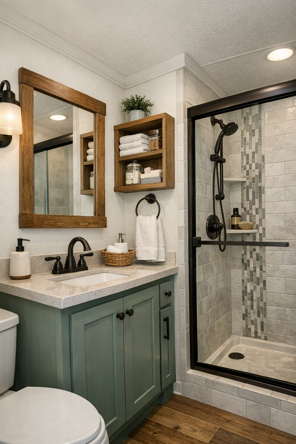 Compact craftsman bathroom with painted vanity, tile shower, and warm finishes